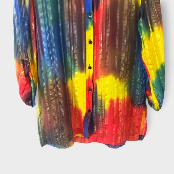 Chico's Design Silk Metallic Sheer Rainbow Stripe Button Up Blouse Sz 0=Sm Artsy - Picture 3 of 14
